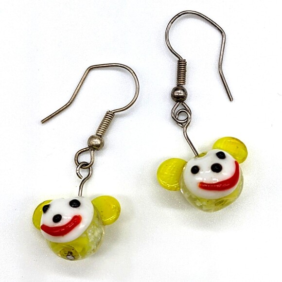 Vintage Jewelry - Funky Art Glass Beads Monkey Face Dangly Earrings - Yellow